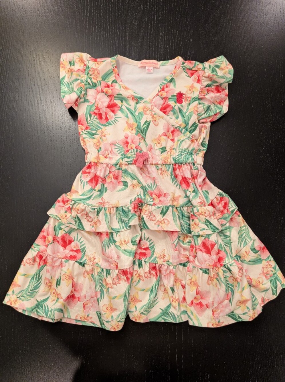 Lands' End Floral Tiered Ruffle Dress in Cream, Pink & Green - Picture 2 of 5